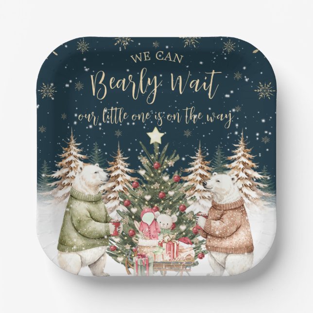 Winter Polar Bear Snowflake Baby Shower Paper Plates (Front)