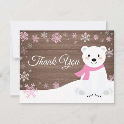 Winter Polar Bear Snowflake Pink Thank You Card