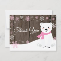 Winter Polar Bear Snowflake Pink Thank You Card