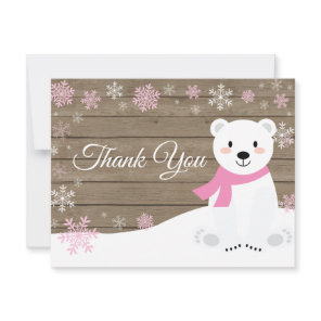 Winter Polar Bear Snowflake Pink Thank You Card