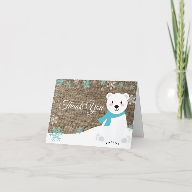 Winter Polar Bear Snowflake Teal Burlap Thank You Card (Front)