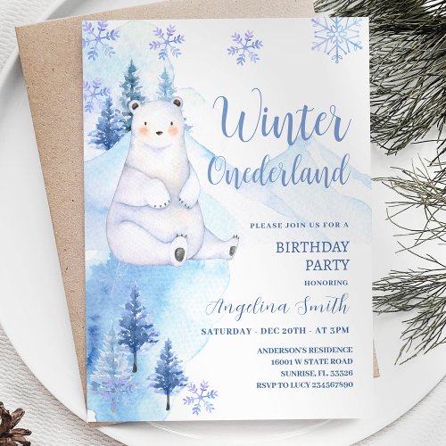 Winter Polar Bear Snowflakes Birthday Invitation