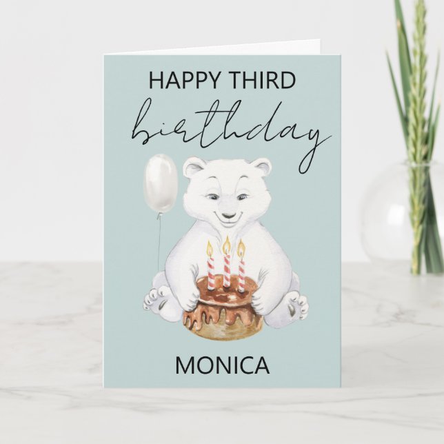 Winter Polar Bear Third 3rd Three Birthday Card (Front)