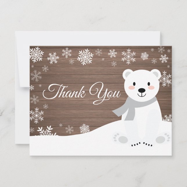 Winter Polar Bear White Snowflake Thank You Card (Front)