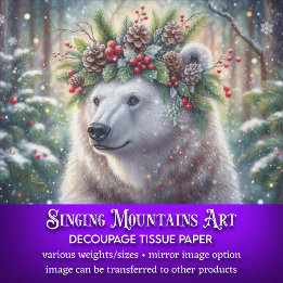 Winter Polar Bear With Holly Crown Decoupage Tissue Paper