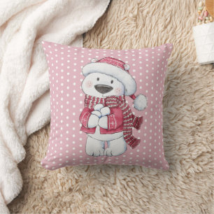 Winter Polar Bear with Snowballs Throw Pillow