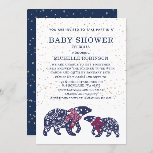 Winter Polar Bears Gold Stars Baby Shower By Mail Invitation