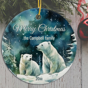 Winter Polar Bears Merry Christmas Family Name Ceramic Ornament