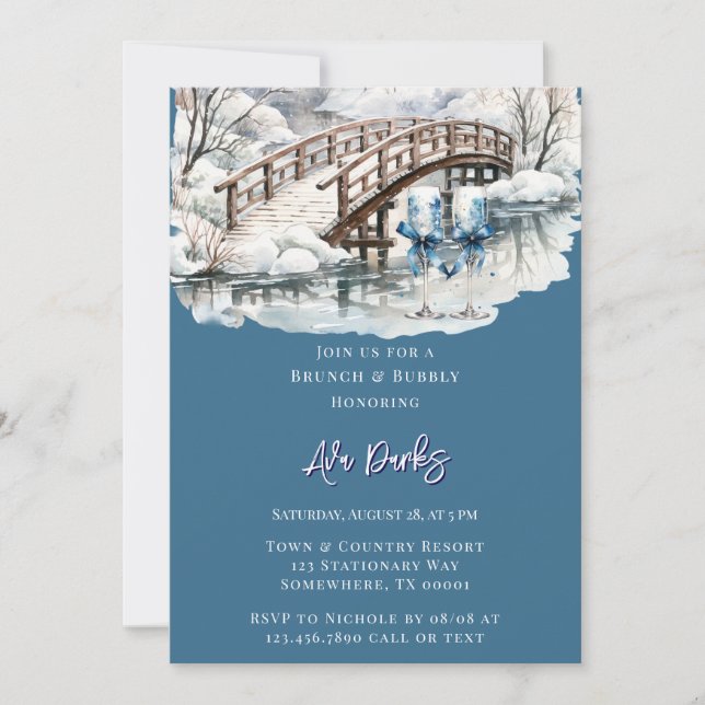 Winter Pond Stream Wooden Bridge Brunch & Bubbly Invitation (Front)