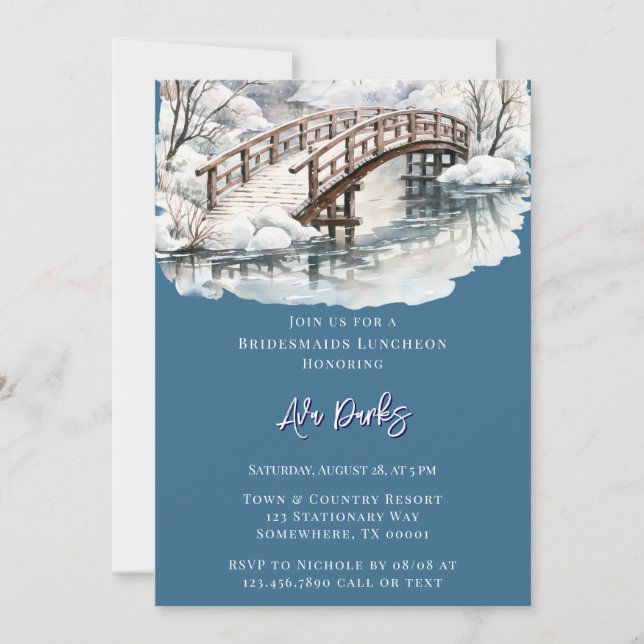 Winter Pond Stream Wooden Bridge  Invitation (Front)