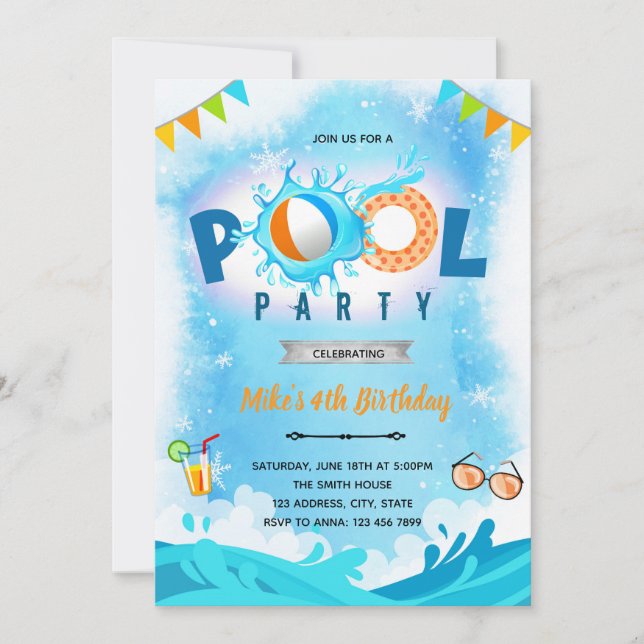 Winter pool birthday party invitation (Front)