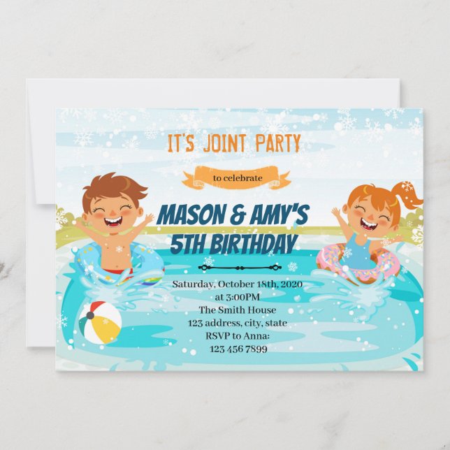 Winter pool boy girl joint party invitation (Front)