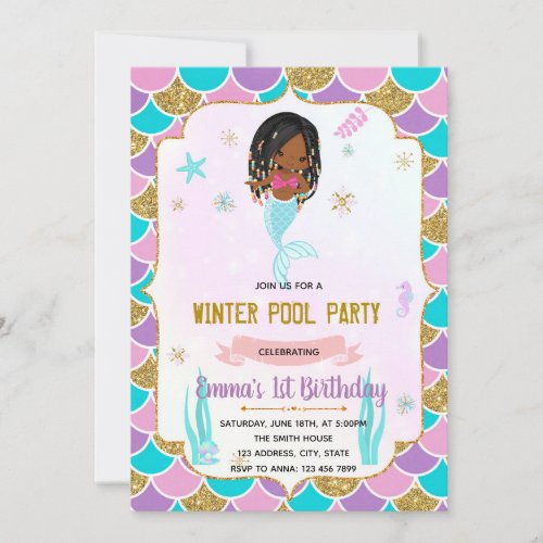 Winter pool mermaid theme invitation 