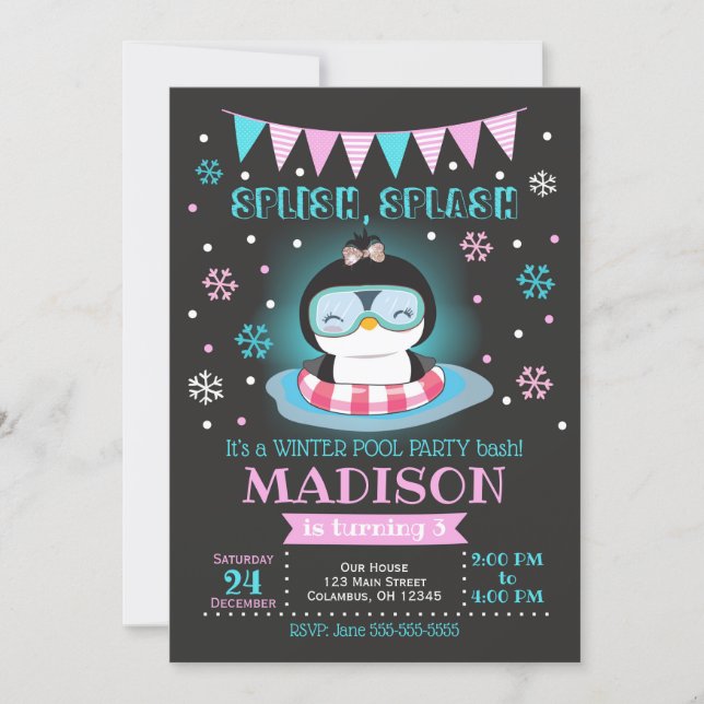 Winter pool party birthday invitation / Penguin (Front)