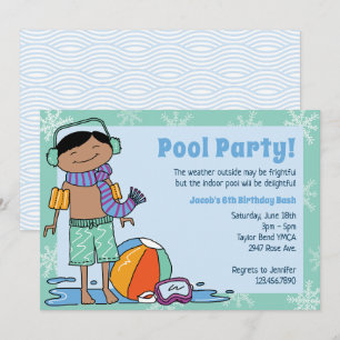Winter Pool Party Black Hair Boy Indoor Swim Invitation