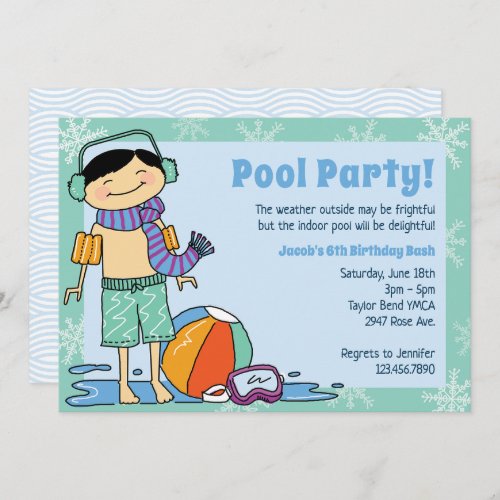 Winter Pool Party Black Hair Boy Indoor Swim Invitation