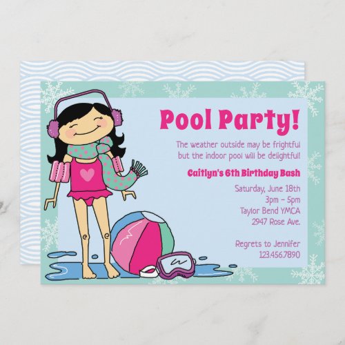 Winter Pool Party Black Hair Girl Indoor Swim Invitation