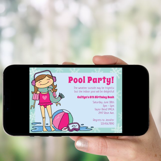 Winter Pool Party Brunette Girl Indoor Swimming Invitation (Front Digital)