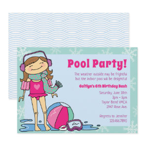 Winter Pool Party Brunette Girl Indoor Swimming Invitation