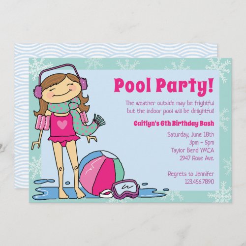 Winter Pool Party Brunette Girl Indoor Swimming Invitation