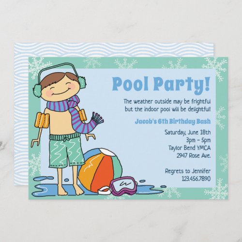 Winter Pool Party Brunette Hair Boy Indoor Swim Invitation