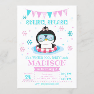 Winter Pool Party Invitation / Girl Penguin Invite