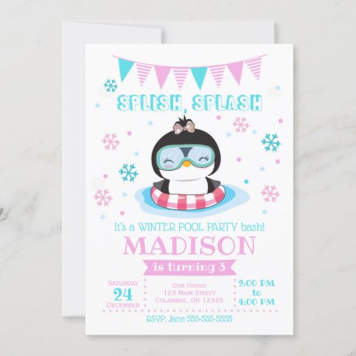 Winter Pool Party Invitation  Girl Penguin Invite