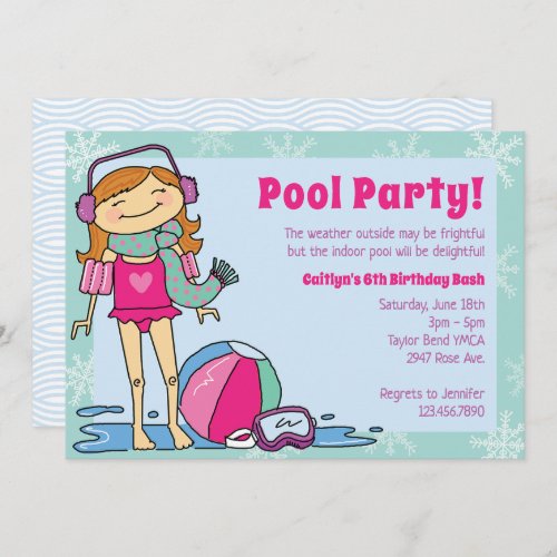 Winter Pool Party Red Hair Girl Indoor Swimming Invitation