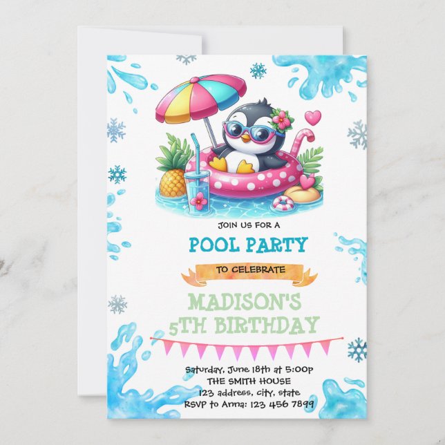 Winter pool penguin party invitation (Front)