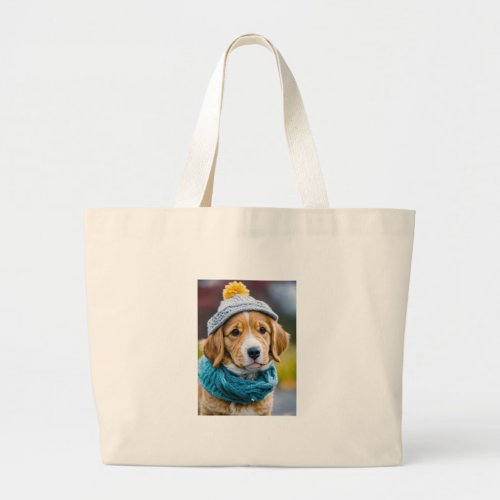 Winter Pup Dog in Warm Cap and Muffler Large Tote Bag