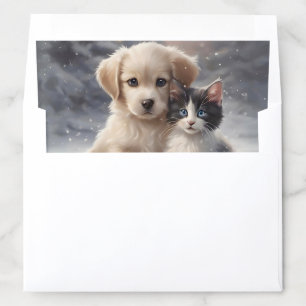 Winter Puppy and Kitten Adorable Snowy Watercolor Envelope Liner