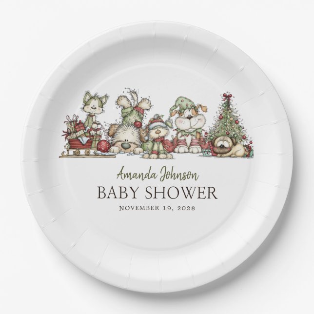 Winter Puppy Christmas Holidays Baby Shower Paper Plates (Front)