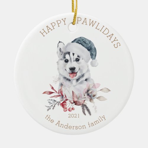 winter puppy happy pawlidays photo ceramic ornament