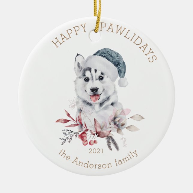 winter puppy happy pawlidays photo ceramic ornament (Front)