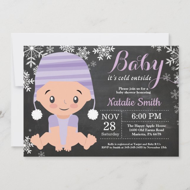 Winter Purple Baby Shower Invitation Chalkboard (Front)