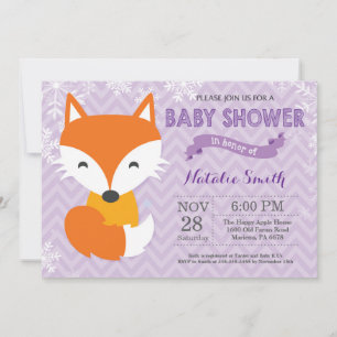Winter Purple Fox Girl Baby Shower Invitation