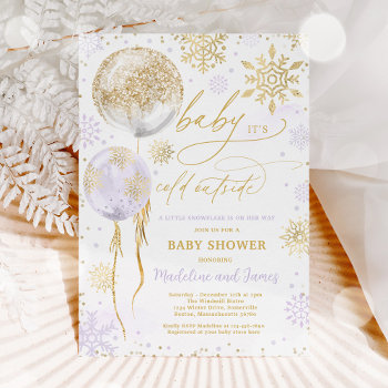 Winter Purple & Gold Snowflake Baby Shower Invitation by PixelPerfectionParty at Zazzle