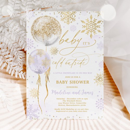 Winter Purple  Gold Snowflake Baby Shower Invitation