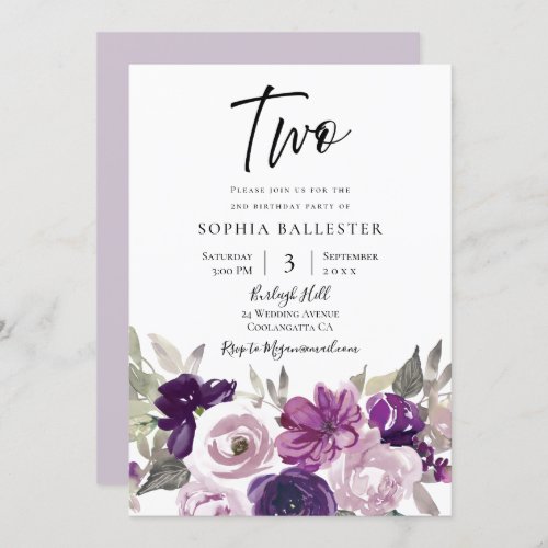 Winter Purple Lavender Floral 2nd Birthday Party Invitation