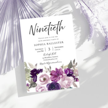 Winter Purple Lavender Floral 90th Birthday Party Invitation by Nicheandnest at Zazzle