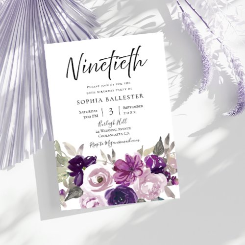 Winter Purple Lavender Floral 90th Birthday Party Invitation