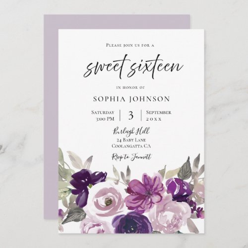 Winter Purple Lavender Floral Sweet 16 Party Invitation