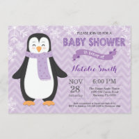 Winter Purple Penguin Girl Baby Shower Invitation