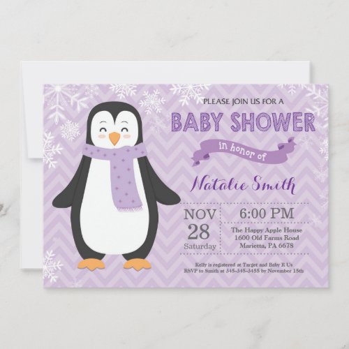 Winter Purple Penguin Girl Baby Shower Invitation