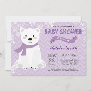Winter Purple Polar Bear Baby Shower Invitation