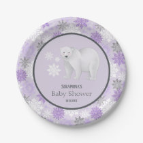 Winter Purple Polar Bear Snowflake Baby Shower Paper Plates