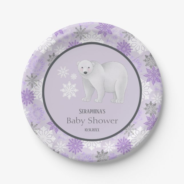 Winter Purple Polar Bear Snowflake Baby Shower Paper Plates (Front)