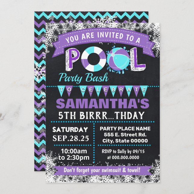 Winter Purple Pool birthday party bash Invitation (Front/Back)