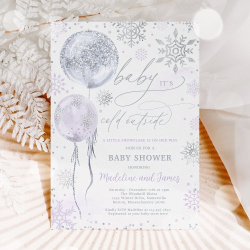 Winter Purple  Silver Snowflake Baby Shower Invitation