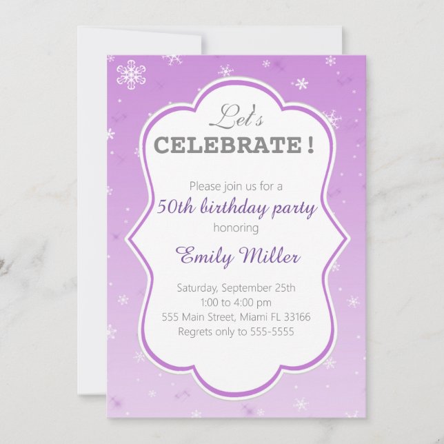 Winter Purple Snowflake Invitation Adult Birthday (Front)